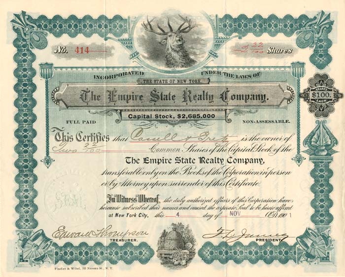 Empire State Realty Co. - 1901 dated New York Stock Certificate